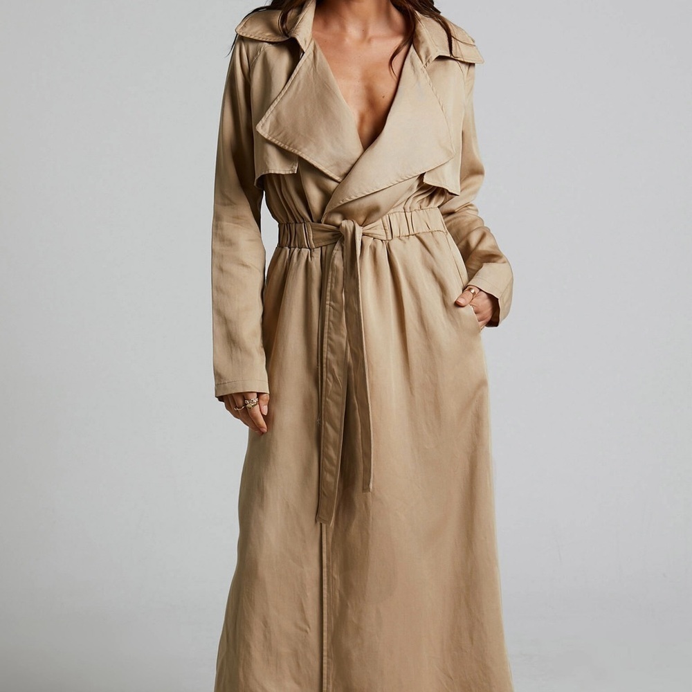 AMALIE THE LABEL Monimonie Linen Blend Long Trench Coat Natural Tan Casual Sz 8 - Picture 2 of 10